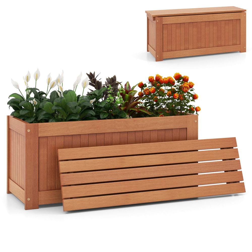 Outdoor Plant Container with Seat for Garden Yard Balcony Deck, Wood Raised Planter Box with Bench, DIY Flower Bed
