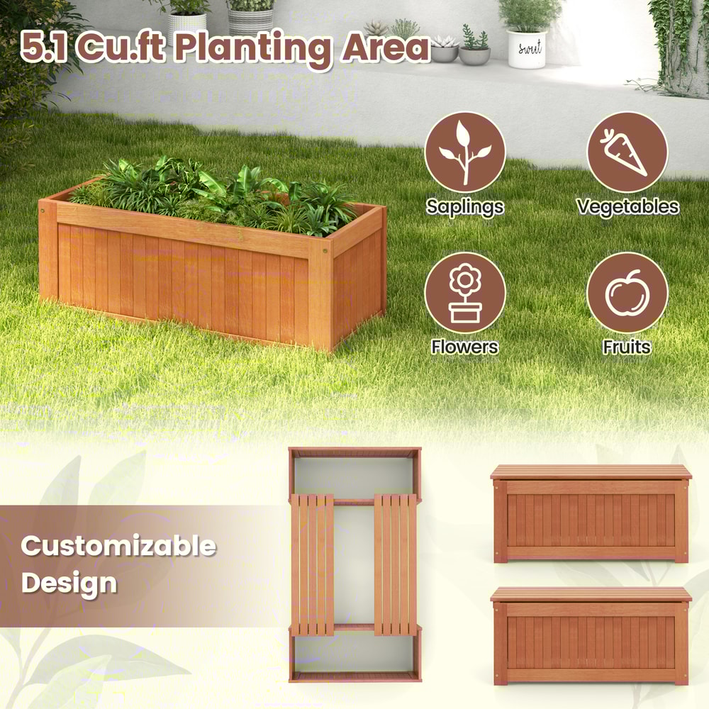 Outdoor Plant Container with Seat for Garden Yard Balcony Deck, Wood Raised Planter Box with Bench, DIY Flower Bed