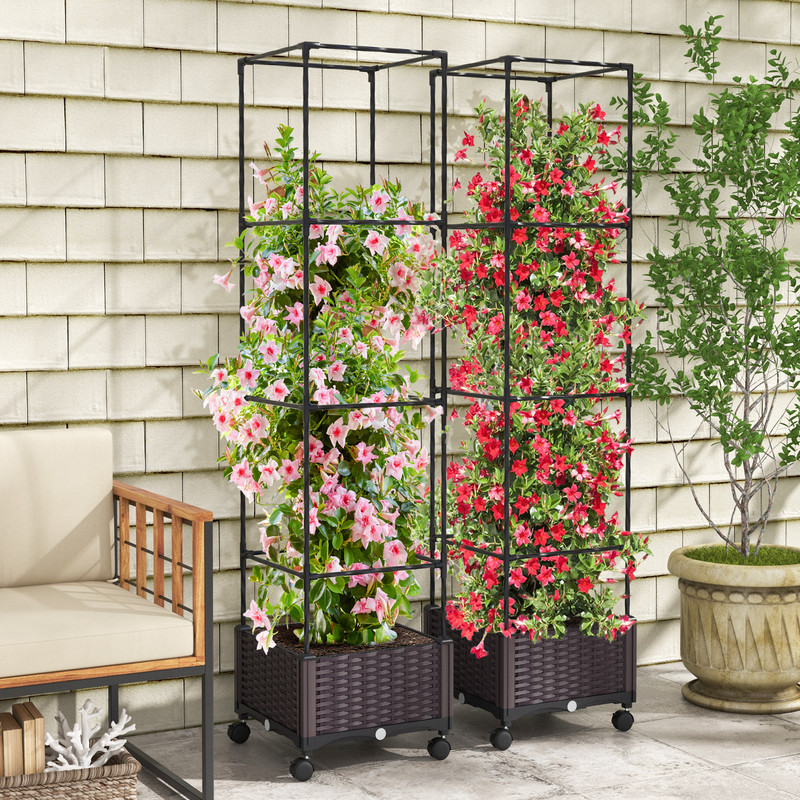 67'' Raised Garden Bed with Trellis & Planter Box, Mobile Self-Watering Vertical Gardening Planter for Tomatoes, Vines