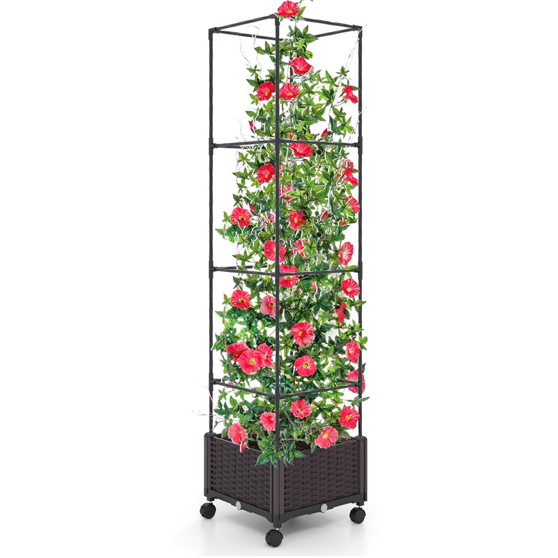 67'' Raised Garden Bed with Trellis & Planter Box, Mobile Self-Watering Vertical Gardening Planter for Tomatoes, Vines