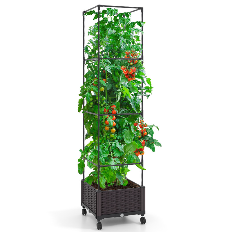 67'' Raised Garden Bed with Trellis & Planter Box, Mobile Self-Watering Vertical Gardening Planter for Tomatoes, Vines