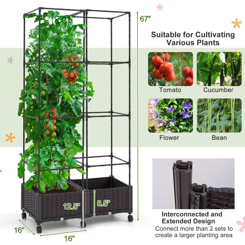 67'' Raised Garden Bed with Trellis & Planter Box, Mobile Self-Watering Vertical Gardening Planter for Tomatoes, Vines