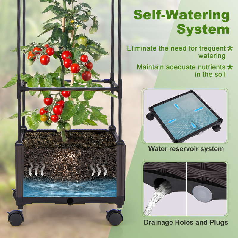 67'' Raised Garden Bed with Trellis & Planter Box, Mobile Self-Watering Vertical Gardening Planter for Tomatoes, Vines