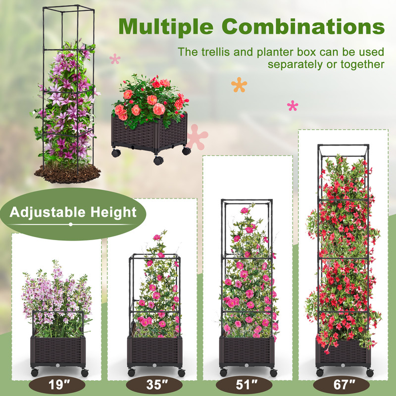 67'' Raised Garden Bed with Trellis & Planter Box, Mobile Self-Watering Vertical Gardening Planter for Tomatoes, Vines
