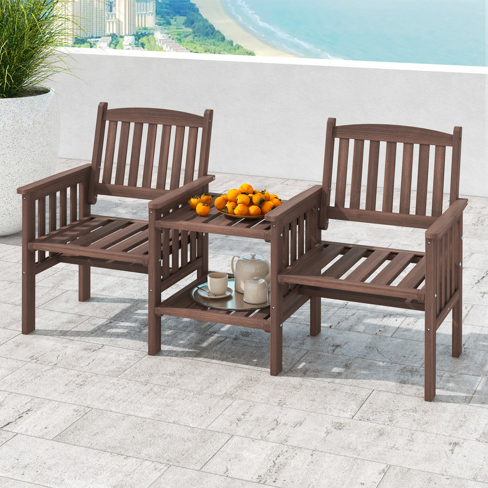 Outdoor Fir Wood Loveseat with 2-Tier Side Table & Umbrella Hole, Patio Bench with Central Coffee Table for Garden