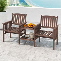 outdoor fir wood loveseat with 2-tier side table & umbrella hole, patio bench with central coffee table for garden
