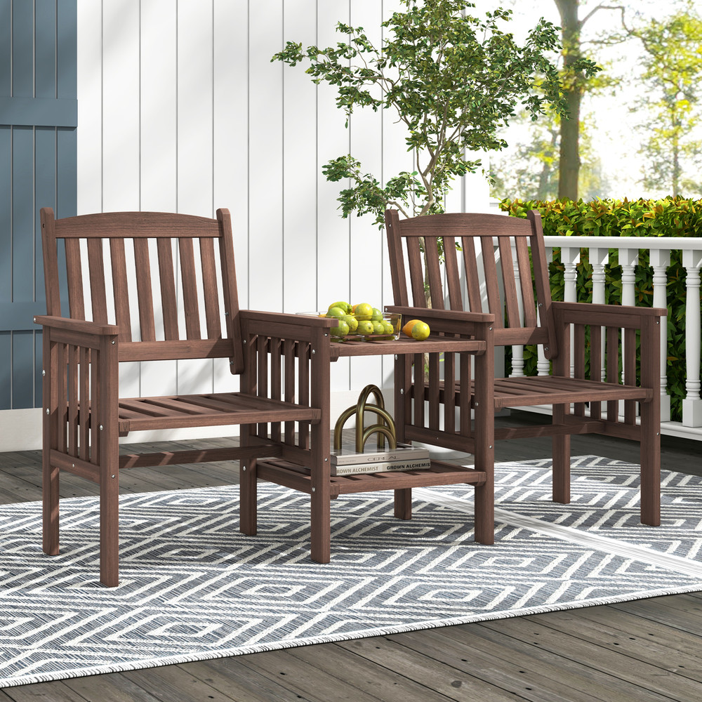 Outdoor Fir Wood Loveseat with 2-Tier Side Table & Umbrella Hole, Patio Bench with Central Coffee Table for Garden