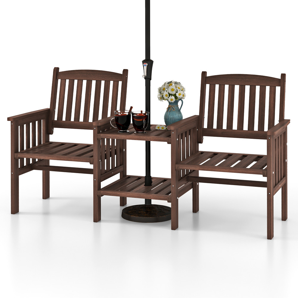 Outdoor Fir Wood Loveseat with 2-Tier Side Table & Umbrella Hole, Patio Bench with Central Coffee Table for Garden