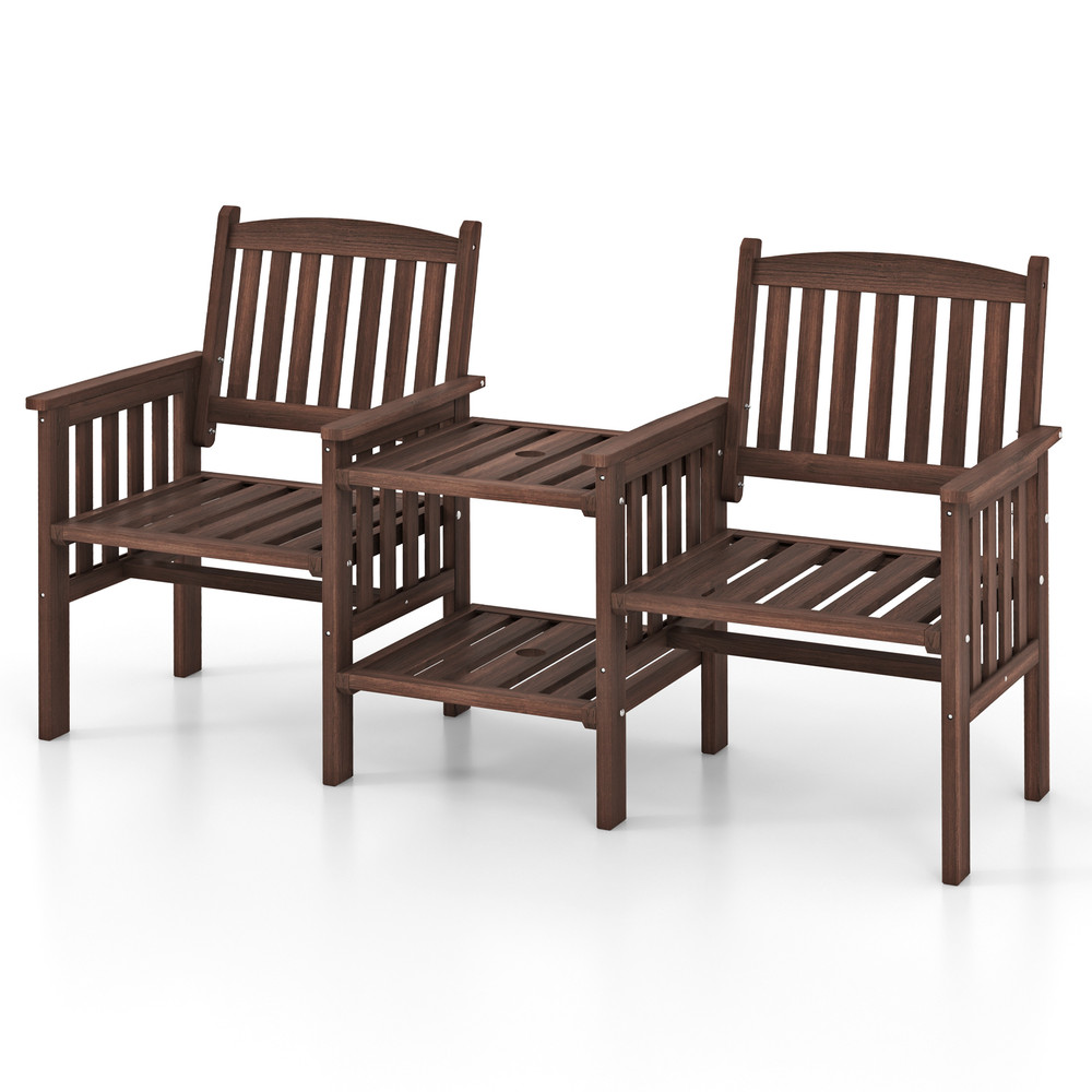 Outdoor Fir Wood Loveseat with 2-Tier Side Table & Umbrella Hole, Patio Bench with Central Coffee Table for Garden