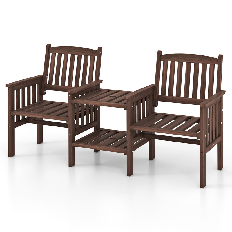 Outdoor Fir Wood Loveseat with 2-Tier Side Table & Umbrella Hole, Patio Bench with Central Coffee Table for Garden
