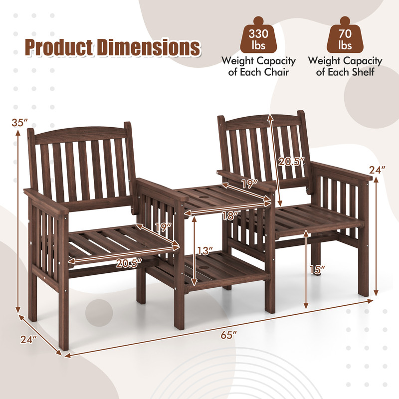 Outdoor Fir Wood Loveseat with 2-Tier Side Table & Umbrella Hole, Patio Bench with Central Coffee Table for Garden