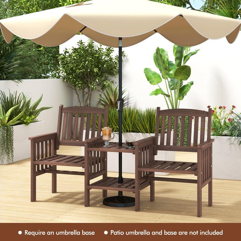Outdoor Fir Wood Loveseat with 2-Tier Side Table & Umbrella Hole, Patio Bench with Central Coffee Table for Garden