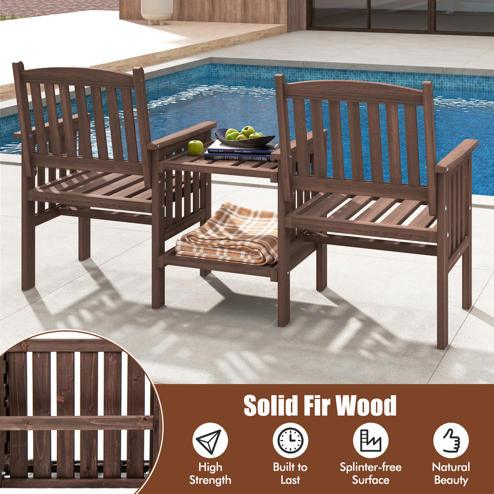 Outdoor Fir Wood Loveseat with 2-Tier Side Table & Umbrella Hole, Patio Bench with Central Coffee Table for Garden