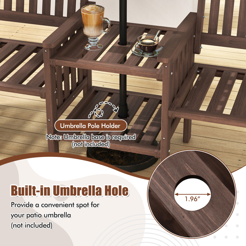 Outdoor Fir Wood Loveseat with 2-Tier Side Table & Umbrella Hole, Patio Bench with Central Coffee Table for Garden