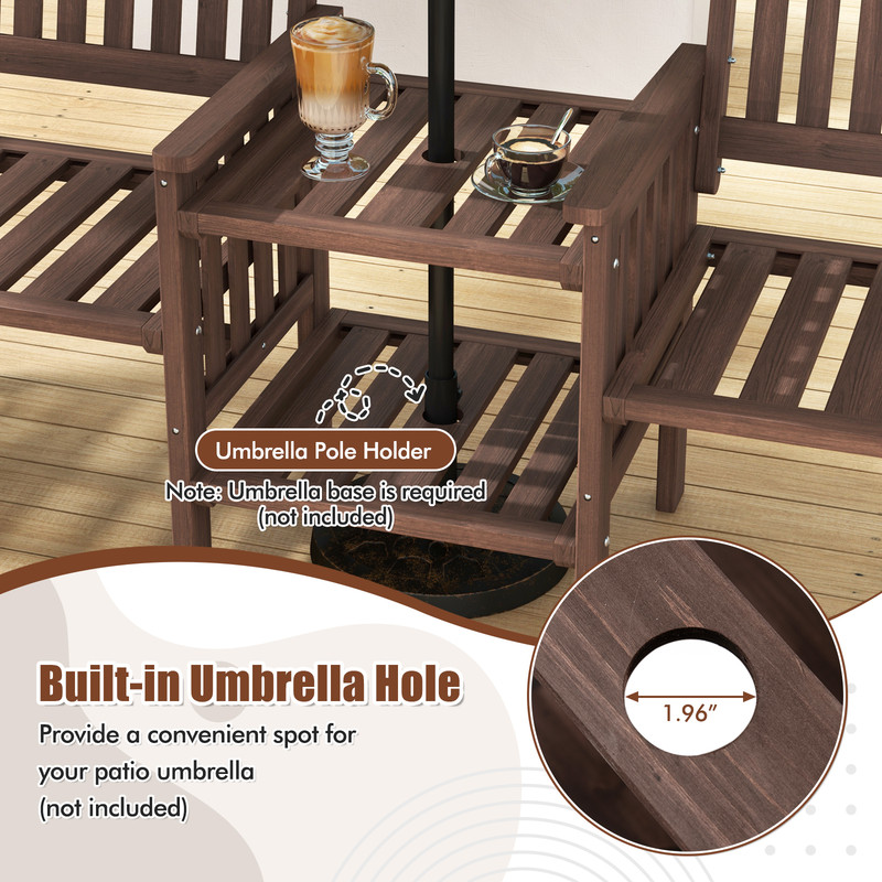 Outdoor Fir Wood Loveseat with 2-Tier Side Table & Umbrella Hole, Patio Bench with Central Coffee Table for Garden
