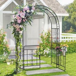 garden arbor with gate & multiple side crossbars, outdoor metal trellis with 4 ground stakes for climbing plants