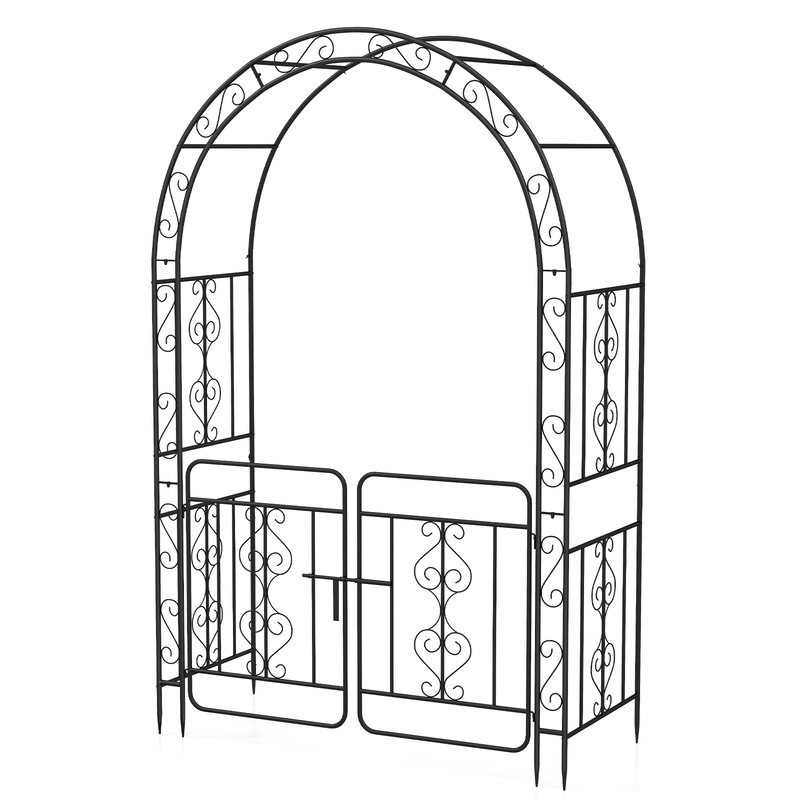 Garden Arbor with Gate & Multiple Side Crossbars, Outdoor Metal Trellis with 4 Ground Stakes for Climbing Plants