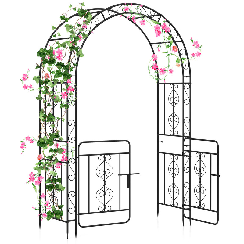 Garden Arbor with Gate & Multiple Side Crossbars, Outdoor Metal Trellis with 4 Ground Stakes for Climbing Plants