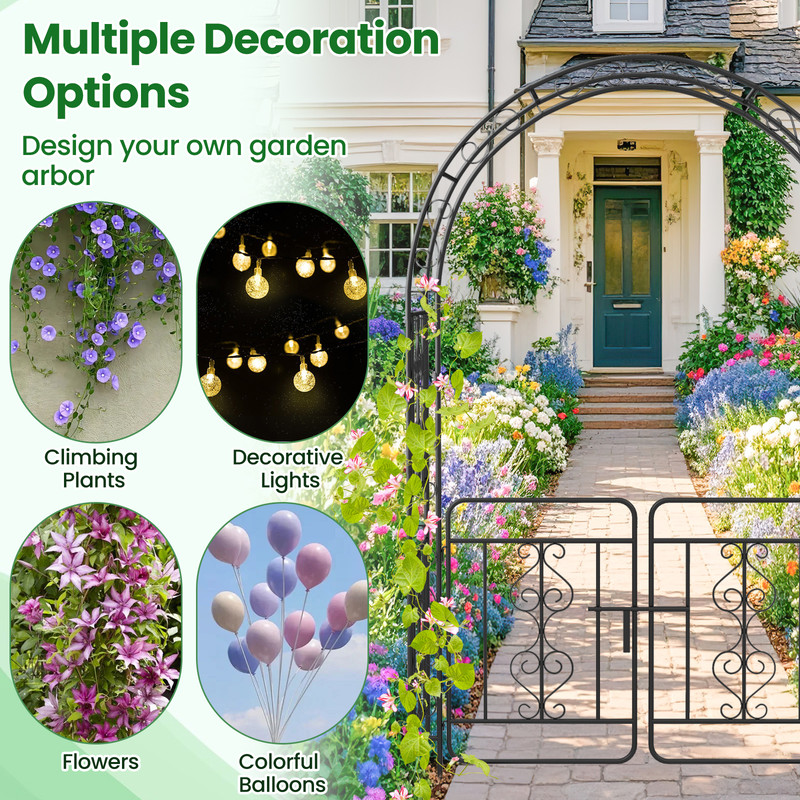 Garden Arbor with Gate & Multiple Side Crossbars, Outdoor Metal Trellis with 4 Ground Stakes for Climbing Plants