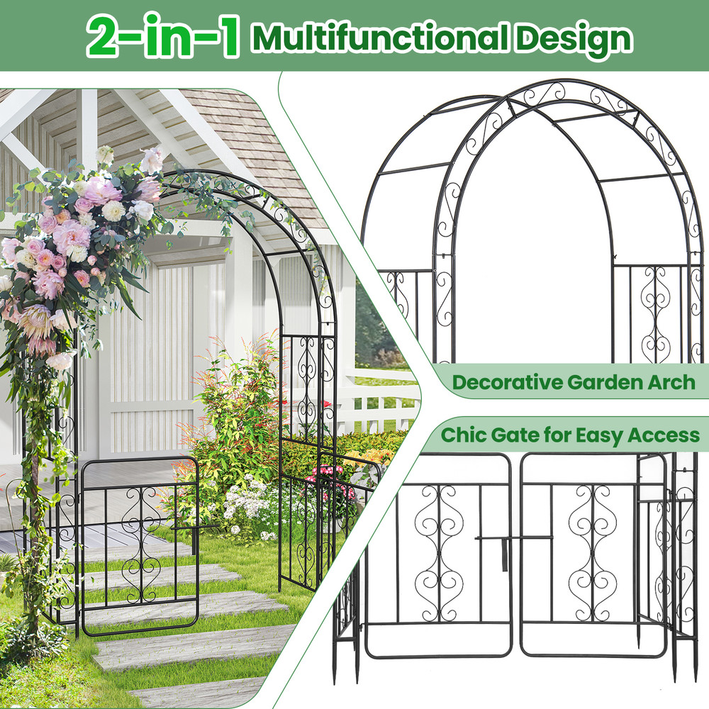 Garden Arbor with Gate & Multiple Side Crossbars, Outdoor Metal Trellis with 4 Ground Stakes for Climbing Plants