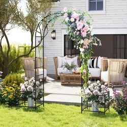 2 in 1 garden arbor with 2 side planters and 8 ground stakes, outdoor metal trellis arch for climbing plants, weddings