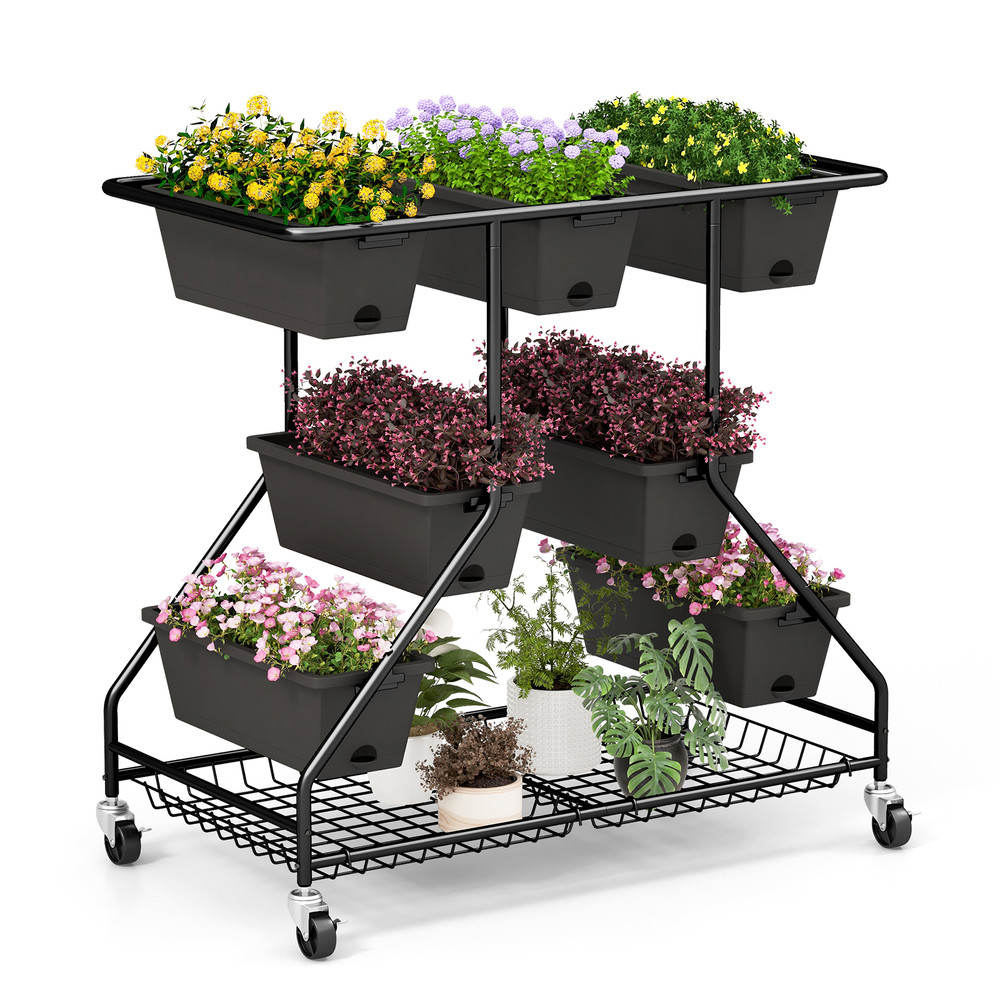 Vertical Raised Garden Bed with 7 Planter Boxes and Storage Baskets, Indoor Outdoor Mobile Planter with Drainage & Tool