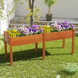 fir wood outdoor raised garden bed with divider panel, drainage holes & elevated planter box for vegetables, herbs