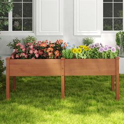 large raised garden bed with drainage holes and 6 supporting legs, wooden planter box for outdoor flowers, vegetables