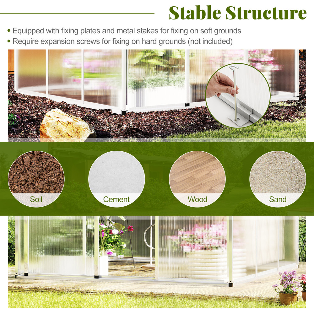 Large Walk-in Green House with Rain Gutters and Polycarbonate Panels for All-Season Gardening, Outdoor Greenhouse Kit