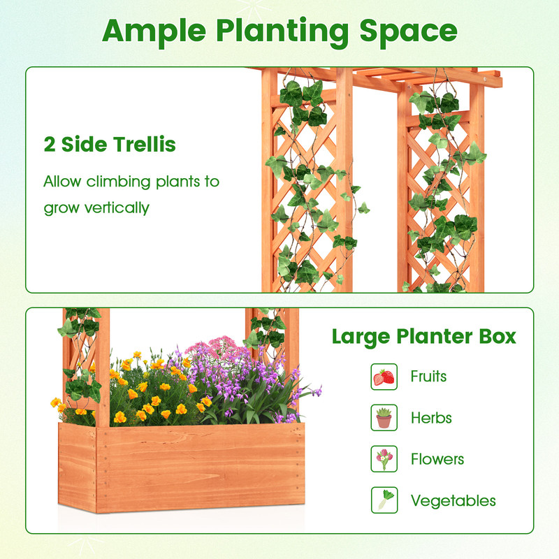 Raised Garden Bed with Side Trellis & Roof, Large Wooden Planter Box with Drainage Hole for Outdoor Vegetables, Herbs