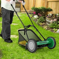 16 inch push lawn mower with 5 steel blades & grass catcher bag, manual reel mower adjustable height for yard