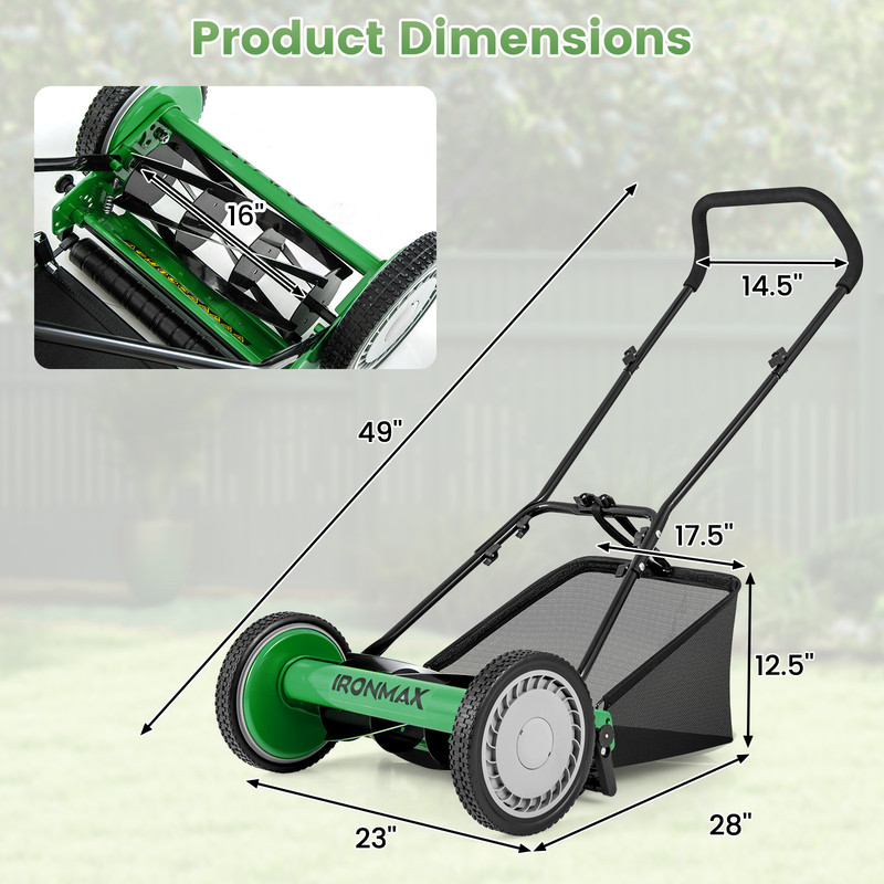 16 Inch Push Lawn Mower with 5 Steel Blades & Grass Catcher Bag, Manual Reel Mower Adjustable Height for Yard