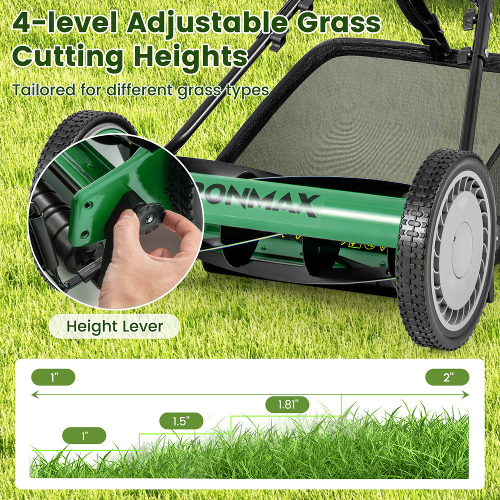 16 Inch Push Lawn Mower with 5 Steel Blades & Grass Catcher Bag, Manual Reel Mower Adjustable Height for Yard