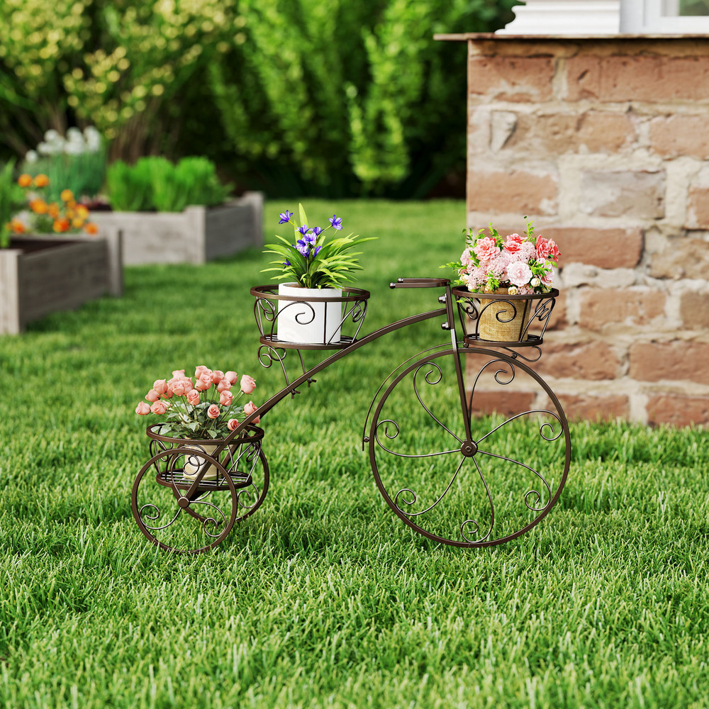 Tricycle Plant Stand Flower Pot Cart Holder with 3 Hollowed Metal Baskets
