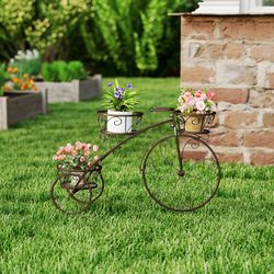 tricycle plant stand flower pot cart holder with 3 hollowed metal baskets