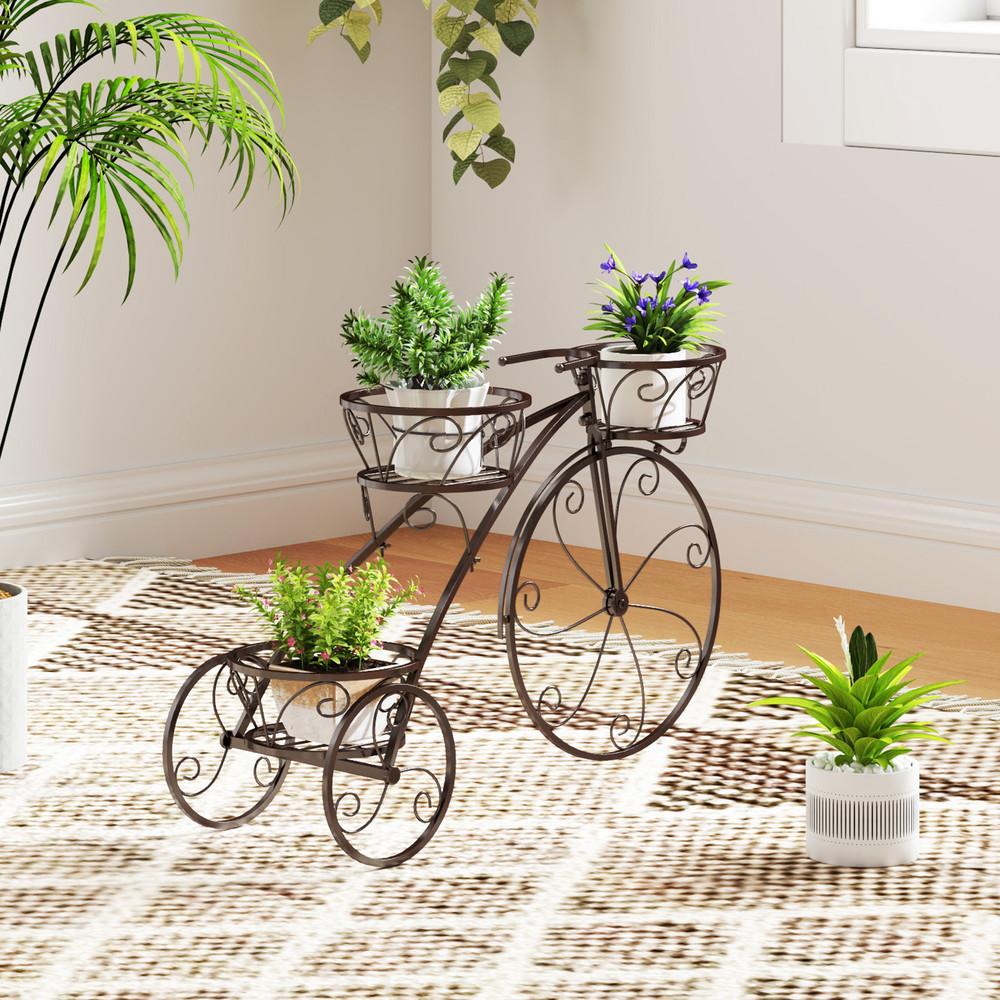 Tricycle Plant Stand Flower Pot Cart Holder with 3 Hollowed Metal Baskets