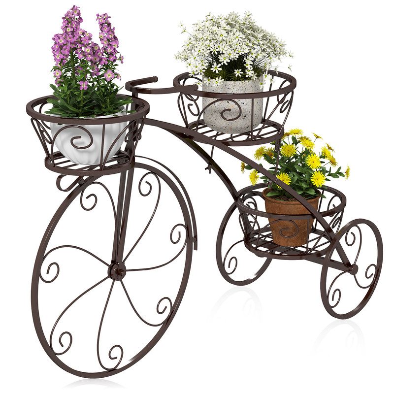 Tricycle Plant Stand Flower Pot Cart Holder with 3 Hollowed Metal Baskets