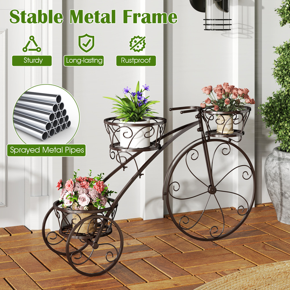 Tricycle Plant Stand Flower Pot Cart Holder with 3 Hollowed Metal Baskets