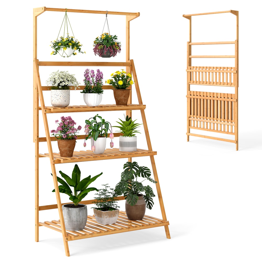 Bamboo Hanging Plant Stand With Adjustable Hanger Rod Foldable Indoor Outdoor Flower Shelf With Lad 0