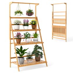 bamboo hanging plant stand with adjustable hanger rod, foldable indoor outdoor flower shelf with ladder design for home