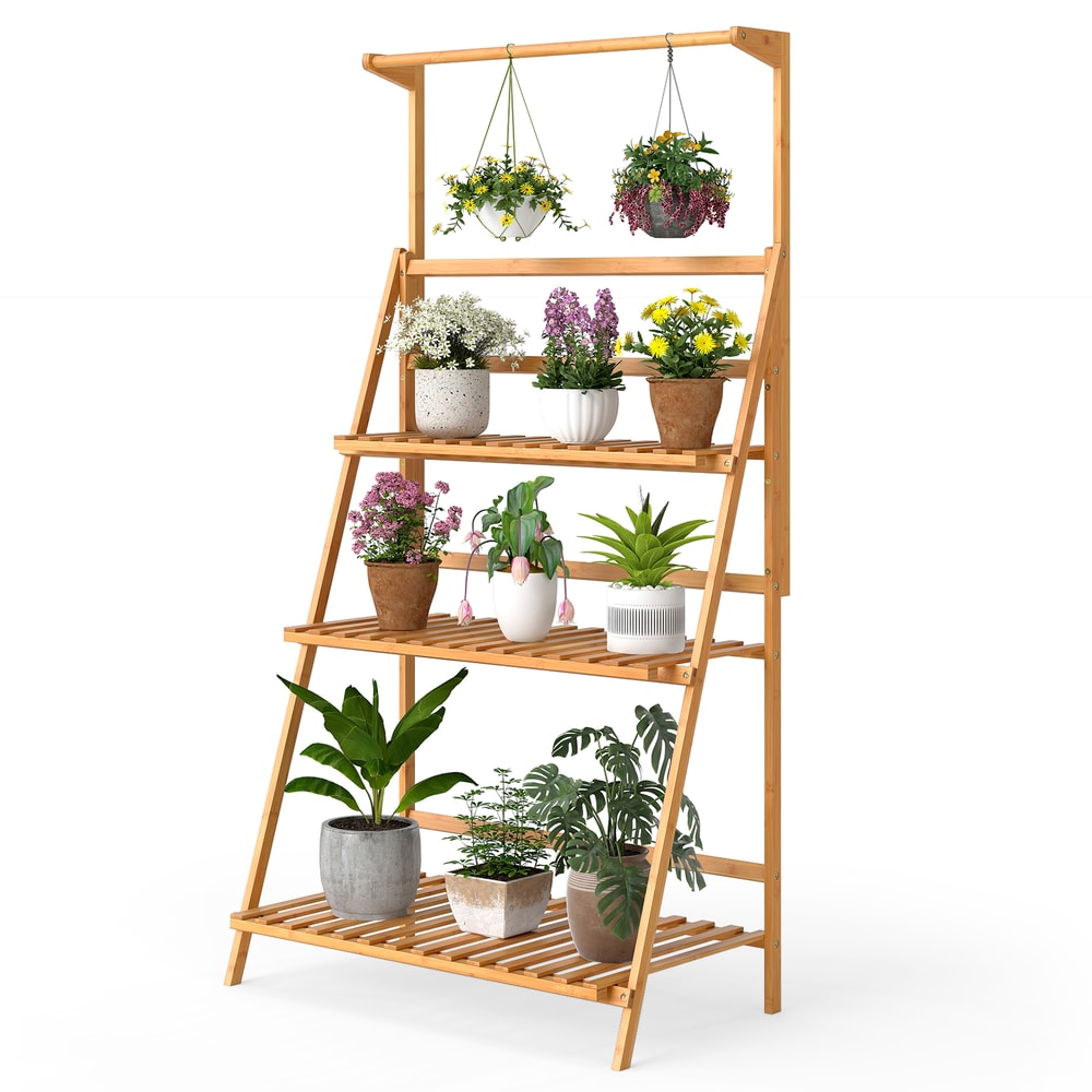 Bamboo Hanging Plant Stand With Adjustable Hanger Rod Foldable Indoor Outdoor Flower Shelf With Lad 6