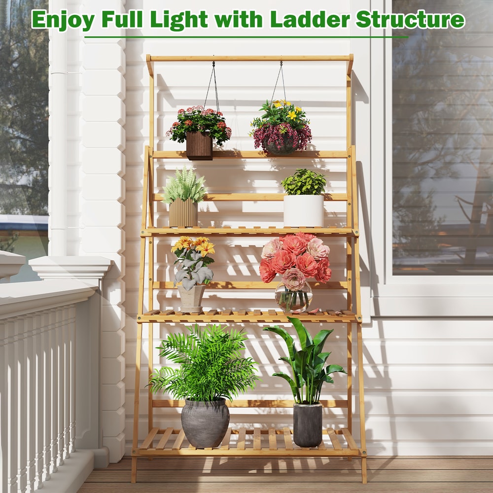 Bamboo Hanging Plant Stand With Adjustable Hanger Rod Foldable Indoor Outdoor Flower Shelf With Lad 3