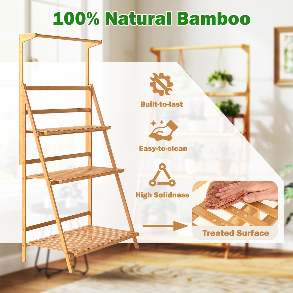 Bamboo Hanging Plant Stand With Adjustable Hanger Rod Foldable Indoor Outdoor Flower Shelf With Lad 2