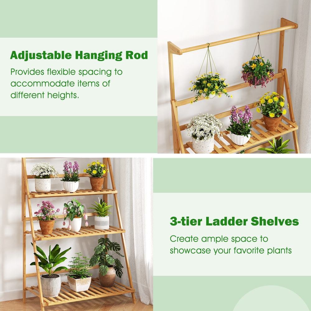 Bamboo Hanging Plant Stand With Adjustable Hanger Rod Foldable Indoor Outdoor Flower Shelf With Lad 5