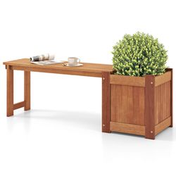 teak oil finish raised garden bed wood planter box with bench, outdoor decorative plant container with built-in seating