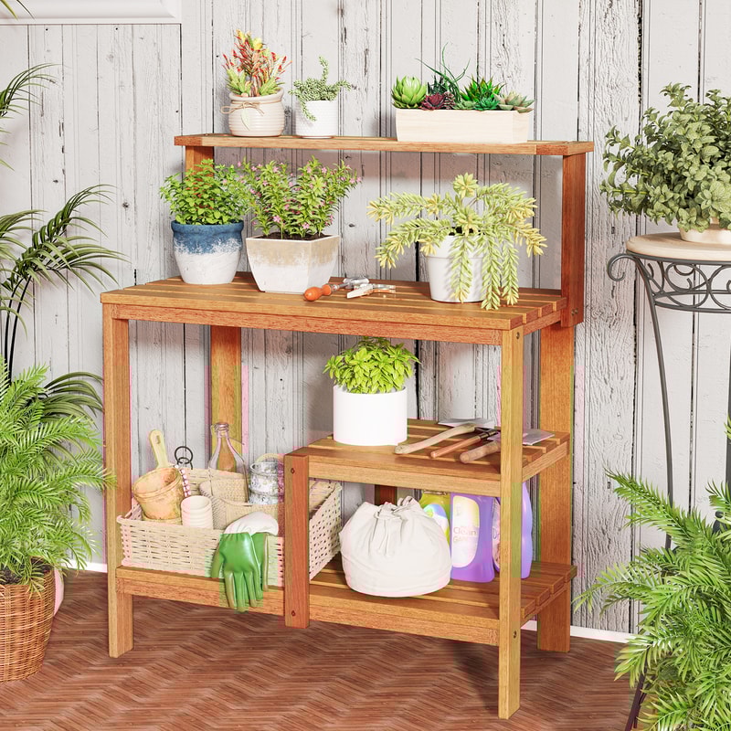 Solid Wood Outdoor Garden Potting Bench With Open Shelves Tool Storage Teak Oil Finish For Plantin 1
