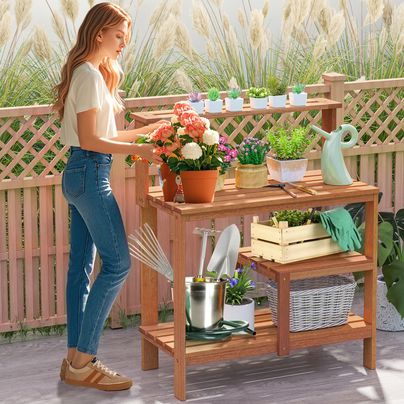 Solid Wood Outdoor Garden Potting Bench With Open Shelves Tool Storage Teak Oil Finish For Plantin 2