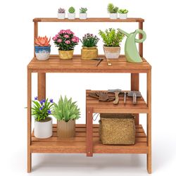 solid wood outdoor garden potting bench with open shelves, tool storage & teak oil finish for planting work