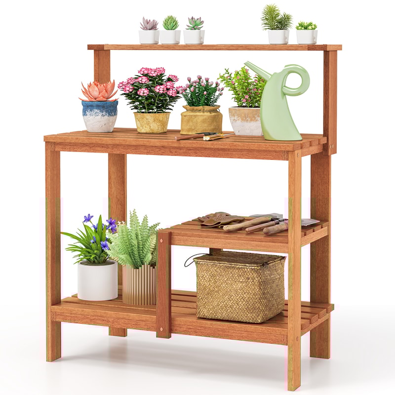 Solid Wood Outdoor Garden Potting Bench With Open Shelves Tool Storage Teak Oil Finish For Plantin 7
