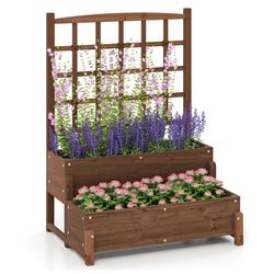 raised garden bed with trellis, wooden planter box for climbing plants, vegetables & flowers with built-in drainage